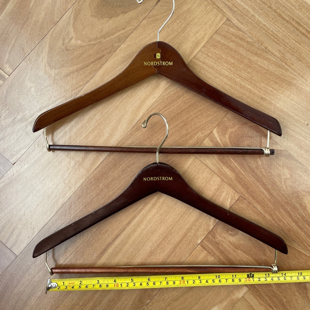 2 NORDSTROM Beverly Wooden Pants/Suit Hanger 15” Wood/brass brown, junior size.